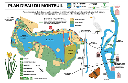 Plan et illustrations vectoriels pour le plan d'eau de Monteuil, gravure sur panneau composite.