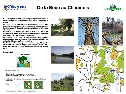 Panneau regroupant un plan vectoriel et des photos, création d'une signalétique fléchée.